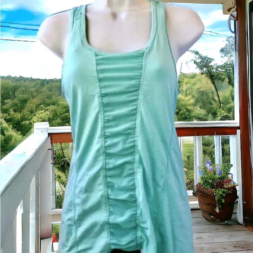 Kyodan Womens Tank Top S Small Aquamarine Ruched Back Mesh Inset Athletic